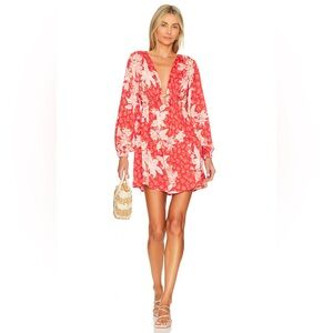 Free People Coral Red Floral V-Neck Mini Dress